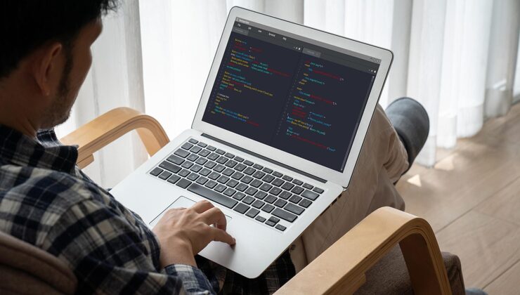 Photo software development programming on computer screen for modish application and program coding