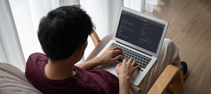 Photo software development programming on computer screen for modish application and program coding