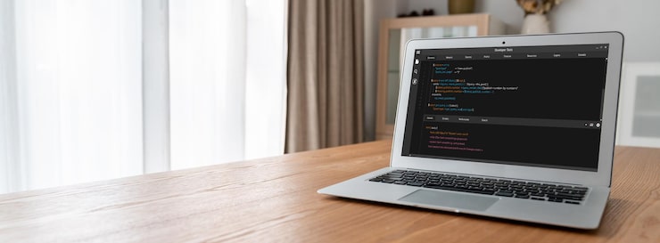 Photo software development programming on computer screen for modish application and program coding