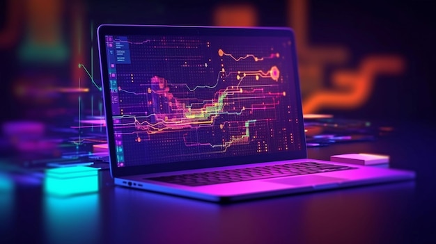 Software development or programming is an abstract idea a top view of a laptop's screen showing business icons programming languages or coding fragments The Generative AI