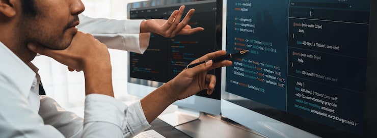 Photo software development team working together in office coding script display on computer monitor programmer and software engineer working in tech developer company trailblazing