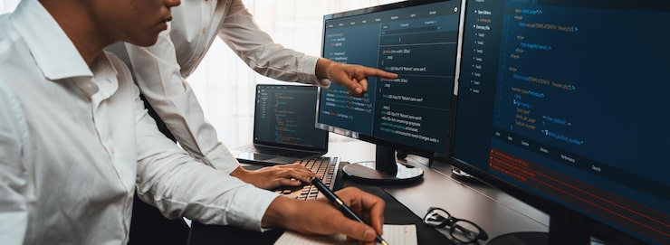 Photo software development team working together in office coding script display on computer monitor programmer and software engineer working in tech developer company trailblazing