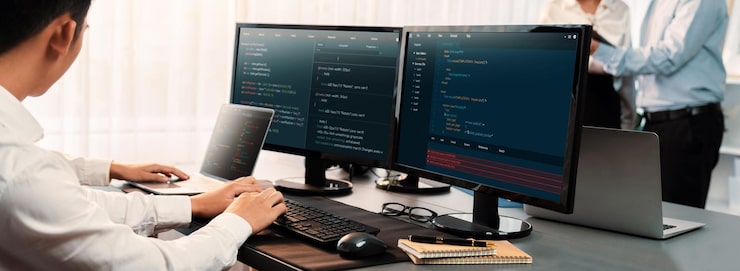 Photo 컴퓨터 모니터에 사무실 코딩 스크립트 디스플레이에서 함께 작업하는 소프트웨어 개발 팀 기술 개발 회사인 trailblazing에서 일하는 프로그래머 및 소프트웨어 엔지니어