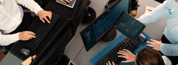 Software development team working together in office coding script display on computer monitor Programmer and software engineer working in tech developer company Trailblazing