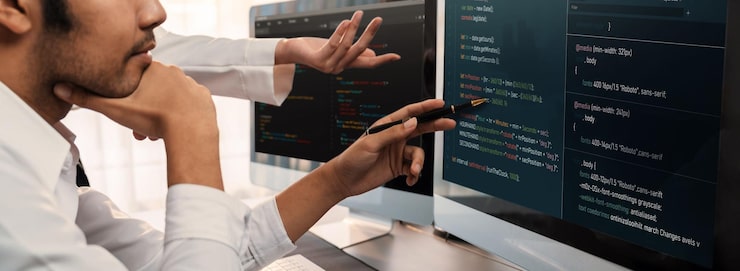 Photo software development team working together in office coding script display on computer monitor programmer and software engineer working in tech developer company trailblazing