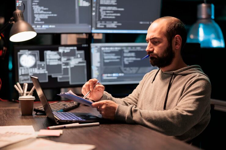 Photo software engineer analyzing source code with papers and computer, taking notes and working on web development. male programmer comparing files with online server data after hours.