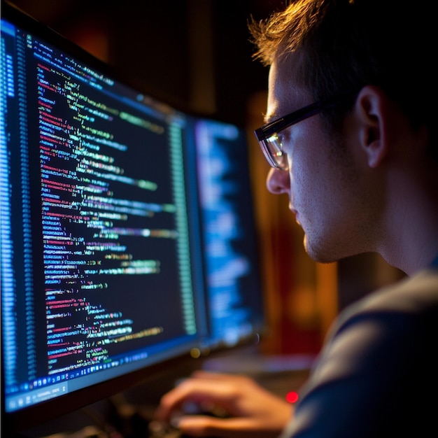 a software engineer coding and debugging software on a computer screen