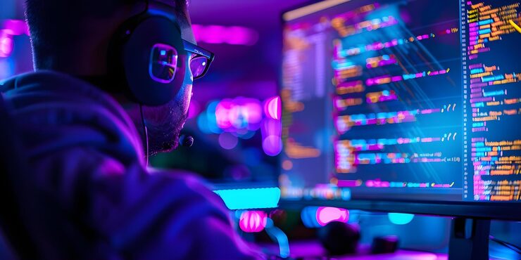 Photo software engineer debugging code on tall monitor with blurred background copy space concept software development debugging computer programming coding environment monitor usage