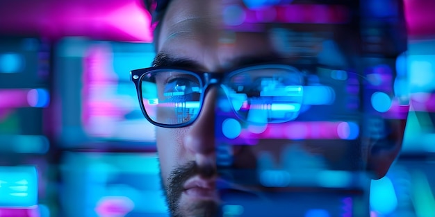 software engineer deeply focused on coding with reflection in glasses and multiple screens concept coding software development reflection in glasses multiple screens intense focus
