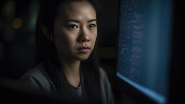 ソフトウェア エンジニア アジア人 女性 30代 オフィスでデスクでタイピングする Generative AI AIG22