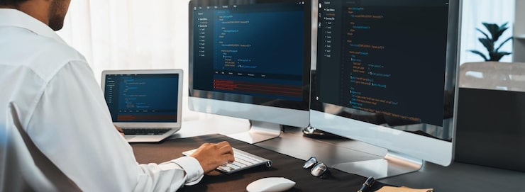 Photo software engineer working on application development on his computer display code and script on monitor at tech company office workplace application developer solving and writing code trailblazing