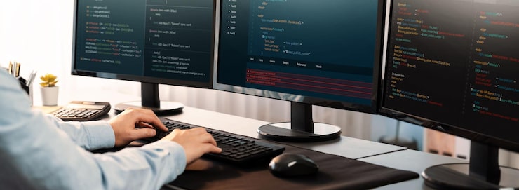 Photo software engineer working on application development on his computer display code and script on monitor at tech company office workplace application developer solving and writing code trailblazing