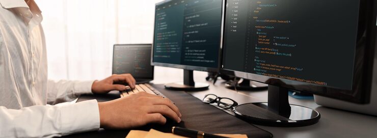 Photo software engineer working on application development on his computer display code and script on monitor at tech company office workplace application developer solving and writing code trailblazing