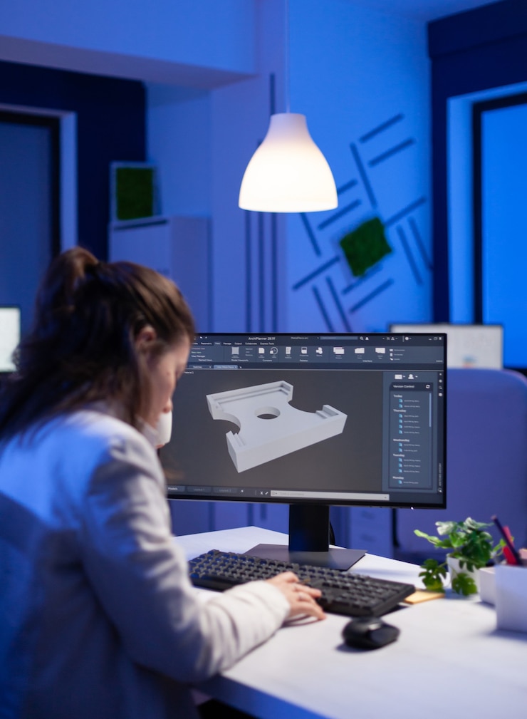 Photo software engineer working at digital cad project late at night in office company