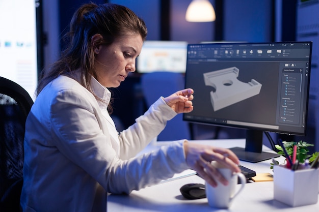 Ingegnere del software che lavora al progetto cad digitale a tarda notte in un'azienda d'ufficio