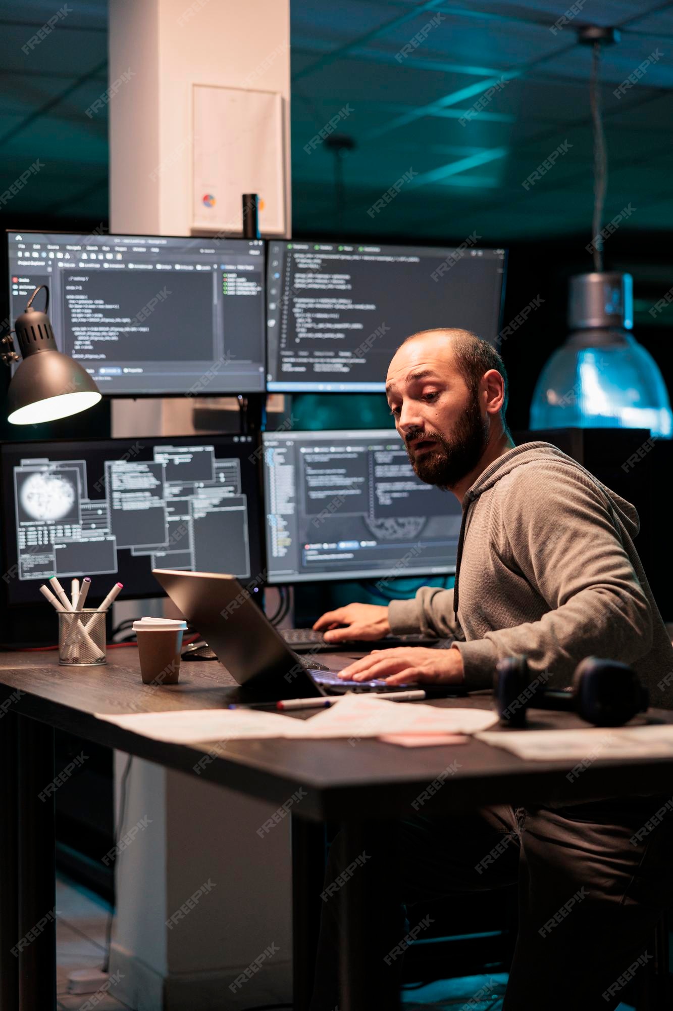 Premium Photo Software engineer writing code on multiple screens displaying artificial