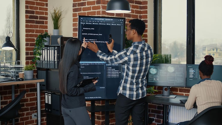 Photo software engineers analyzing code on wall screen tv comparing errors using digital tablet next to programer working with artficial intelligence. team of coders working on cloud computing project.