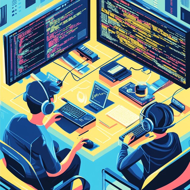 software engineers collaborating on code with multiple monitors coding languages and debugging to