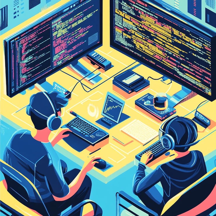 Photo software engineers collaborating on code with multiple monitors coding languages and debugging to