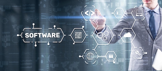 SOFTWARE-inschrijving op het virtuele scherm IT-technologieconcept