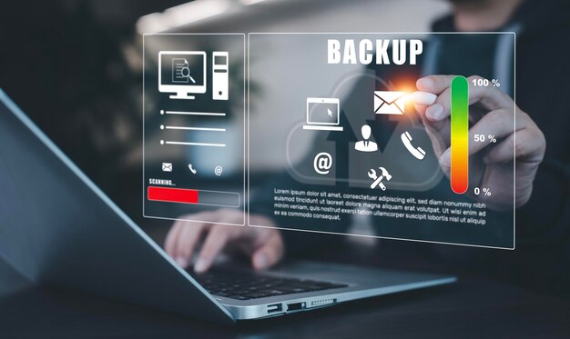 Software Internet data storage backup Businessman using a computer to backup storage data Internet technology for backup online documentation database and digital file storage system sharing Folder