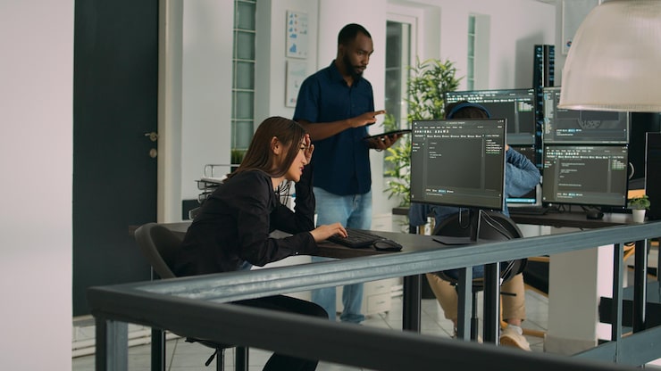 Photo software programer feeling stressed about writing code in front of computer, displaying artificial intelligence algorithm. tired sad developer coding html database on terminal window.