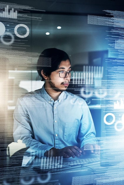 software programmer and man with glasses night and typing for information technology and overlay coder programming and test of applications on computer it and cybersecurity in office or employee