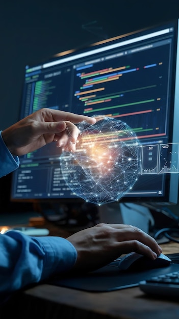 software programmer working on computer engineering neural network creating machine learning app