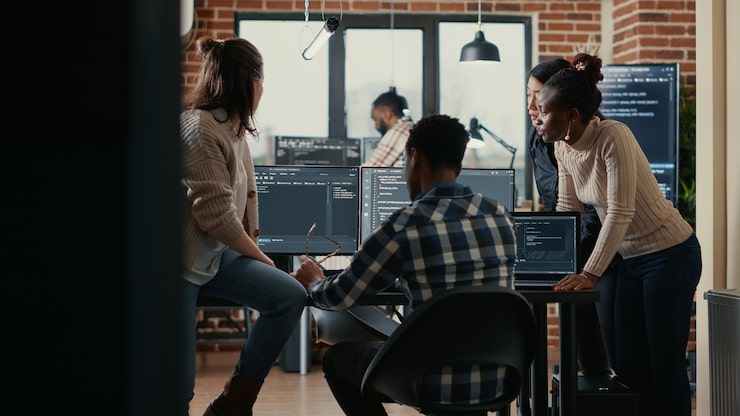 Photo software programmers discussing about online cloud computing while the rest of the team joins in front of multiple screens compiling code. coders doing teamwork looking at running algorithms.