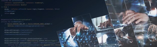 소프트웨어 기술 개발: 민한 방법론, 인터넷 네트워크 기술 개념, 자바스크립트 컴퓨터 코드를 사용한 현대 컴퓨터에서 일하는 소프트웨어 개발자 팀, 미래 기술 배경