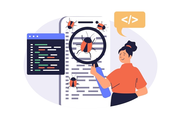 Software testen webconcept met platte cartoon mensen voor website design Vrouw met vergrootglas op zoek naar softwarefout het vinden van bugs in programma code het repareren en debuggen van code Vector illustratie