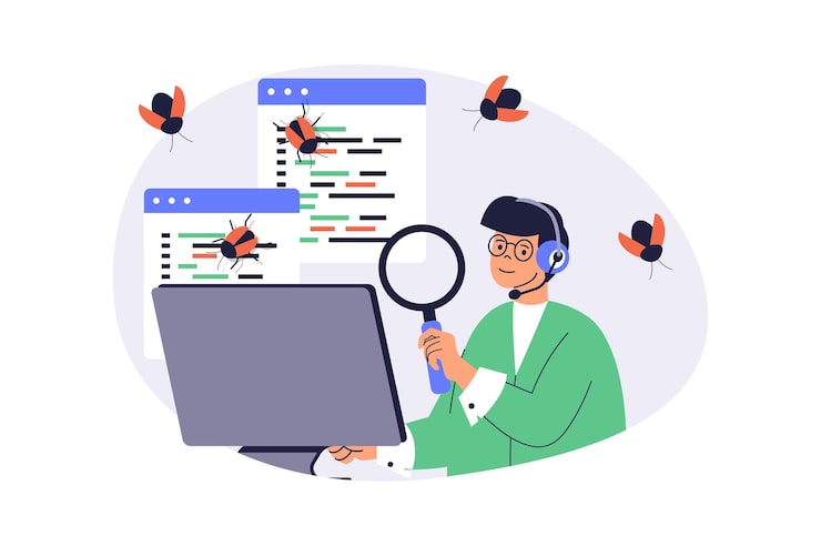 Photo software testing web concept with flat cartoon people for website design man with magnifier looking bugs and errors finding mistakes in program code fixing and debugging code vector illustration