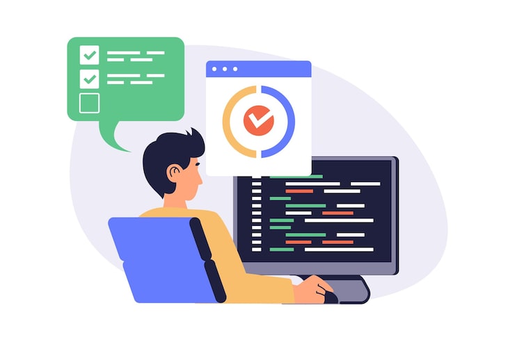 Photo software testing web concept with flat cartoon people for website design man works as tester making code analysis finding bugs and errors in program fixing and debugging code vector illustration