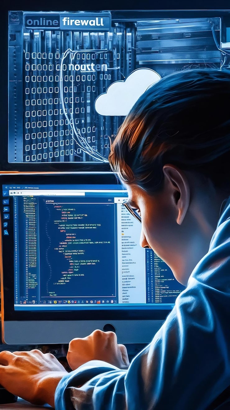 Photo software web developer coding html script with online cloud server and programming firewall securit