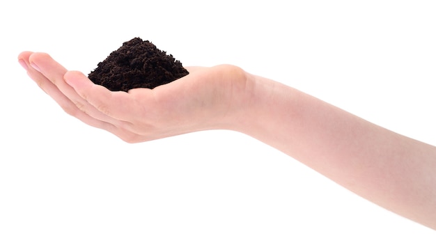 Photo soil in hand isolated on white