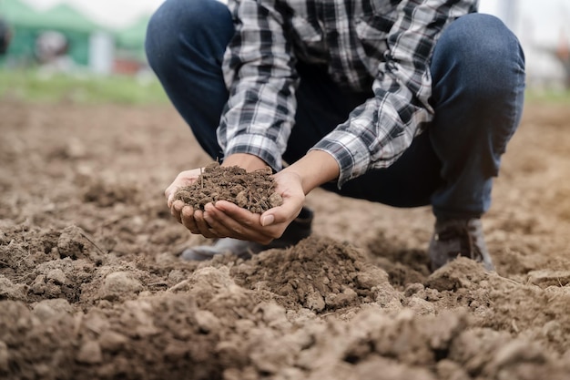 Foto suolo nelle mani degli agricoltori concetto di agricoltura