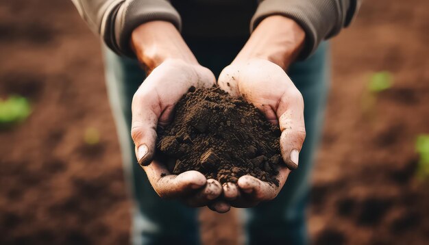 Soil in the hands of a man safe nature earth day concept