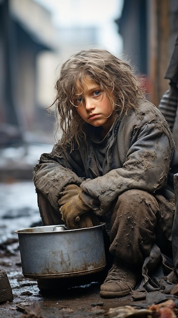 Фото Оскверненные бедняки и бедные дети страдают от войны, нищеты, миграции и бездомности.