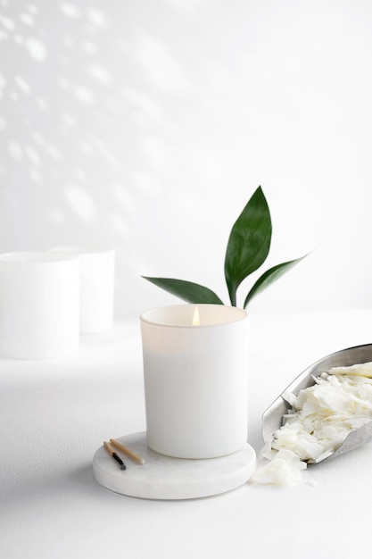 Soja wax kaars in een witte keramische pot en groene blad plant op een witte achtergrond natuurlijke eco vriendelijke organische wax kaarsen Trendy concept minimalistische isometrische projectie kopie ruimte