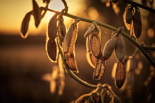 Sojabonenpeulen op de plantage bij zonsondergang Agrarische fotografie