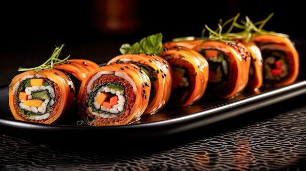 Photo sojapanese rolls presented artfully on a dark background