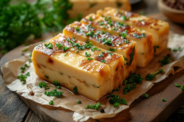 Sojasaus met plakjes tofu-kaas op papier met peterselie