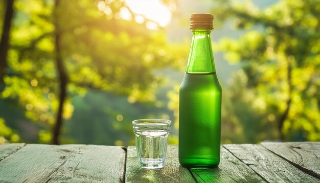 Photo soju green glass bottle and shot on wooden table korean beverage alcoholic drink