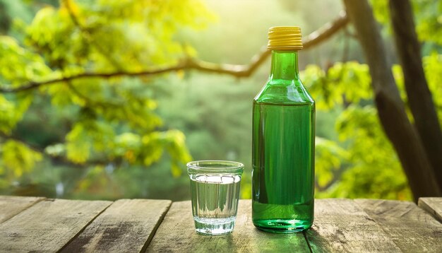 Photo soju green glass bottle and shot on wooden table korean beverage alcoholic drink