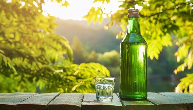 Soju 緑のガラスのボトルと木製のテーブルの上でショット 韓国の飲み物 アルコール飲み物