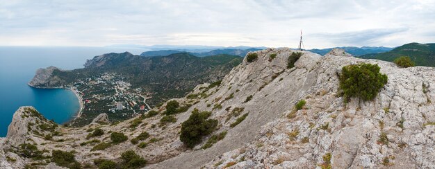 "Sokol" rock top and coastline of "Novyj Svit" reserve (Crimea, Ukraine). Five shots stitch image.