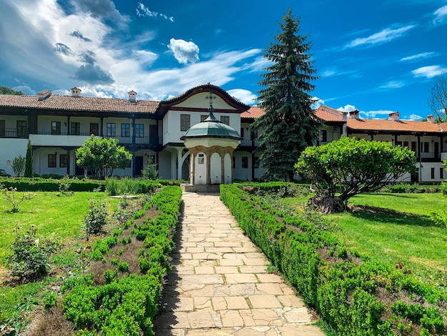 Sokolsky Monastery garden yard and drinking water fountain