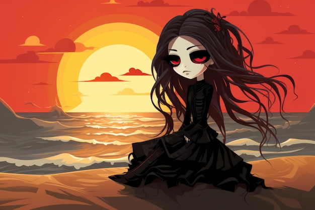 Solace on the Shore A Cute Goth Girl's Sunlight Struggle Generative AI