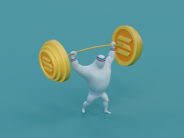 Solana Crypto Heavy Barbell Lift Мускулистый человек 3D Иллюстрация