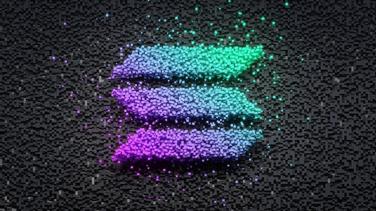 Foto solana logo op kubus pixel abtract achtergrond concept crytocurrency 3d illustratie